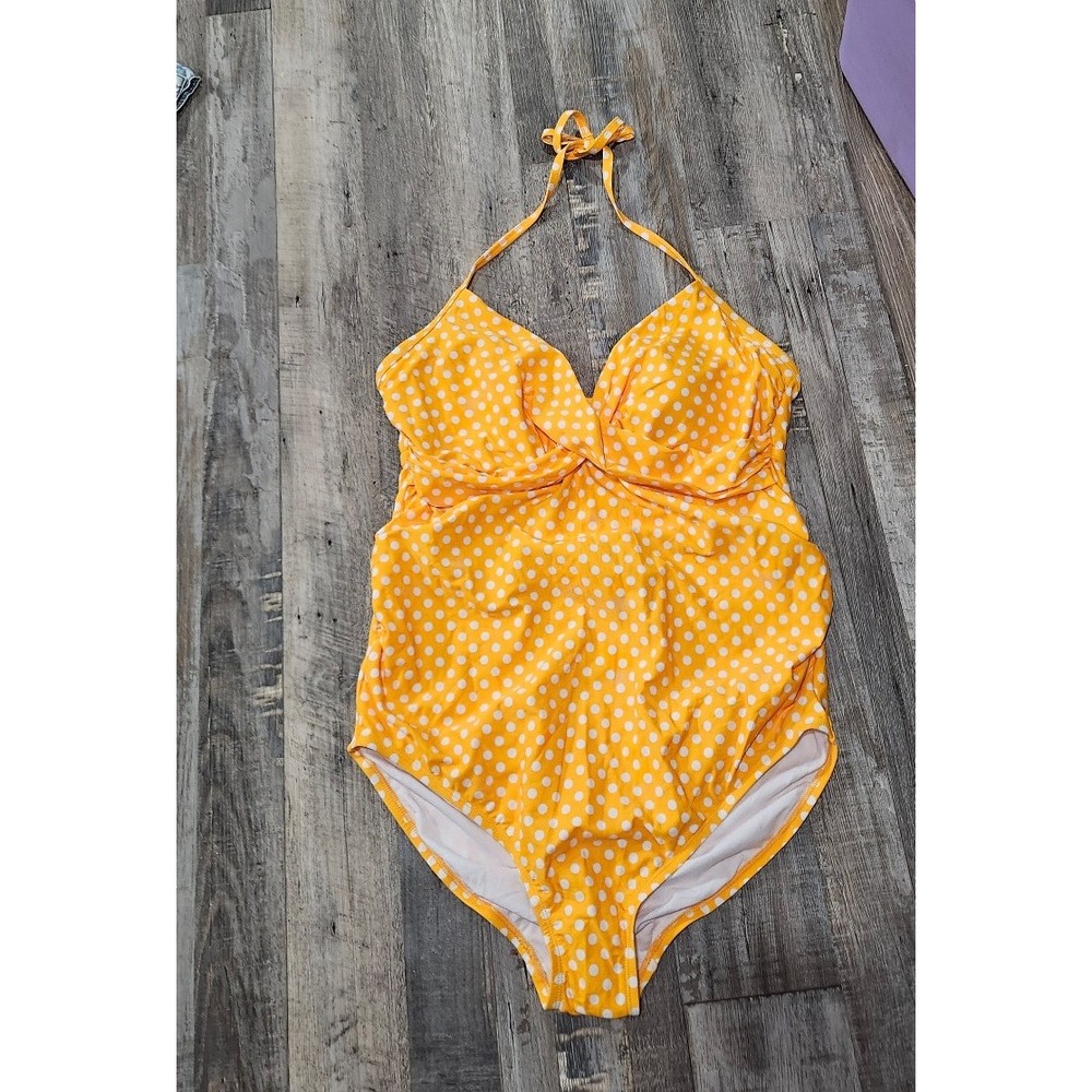 Maternity Yellow Polka Dot Halter One Piece Swimsuit Ruched Front Cute Summer